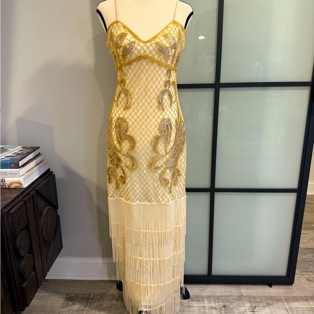 Elegant Gold and Cream Fringe Dress - Picture 4 of 6